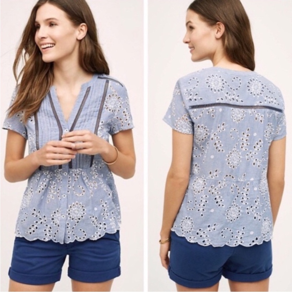 Anthropologie Holding Horses Blue and White Floral Eyelet Pinstripe Top Size 2